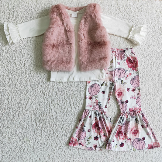 Girls pink faux fur vest and punpkin 3 PCS outfits GLP0309