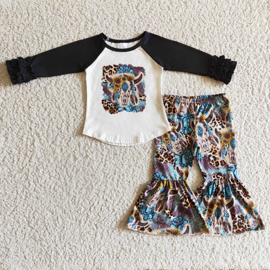 (Promotion) Girls long sleeve cow sunflower print bell pants outfit GLP0313