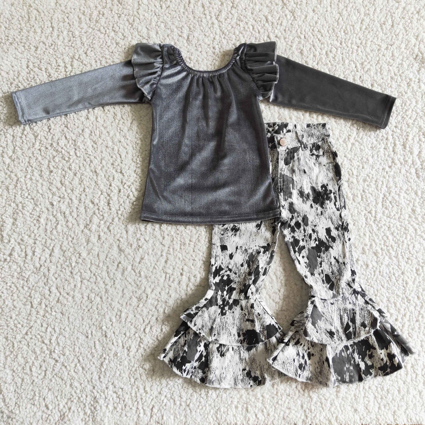 Girls long sleeve grey velvet top denim pants outfit GLP0337