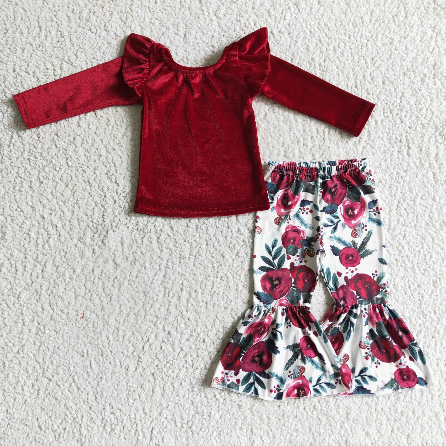 Girls wine red velvet top floral pants outfit GLP0361