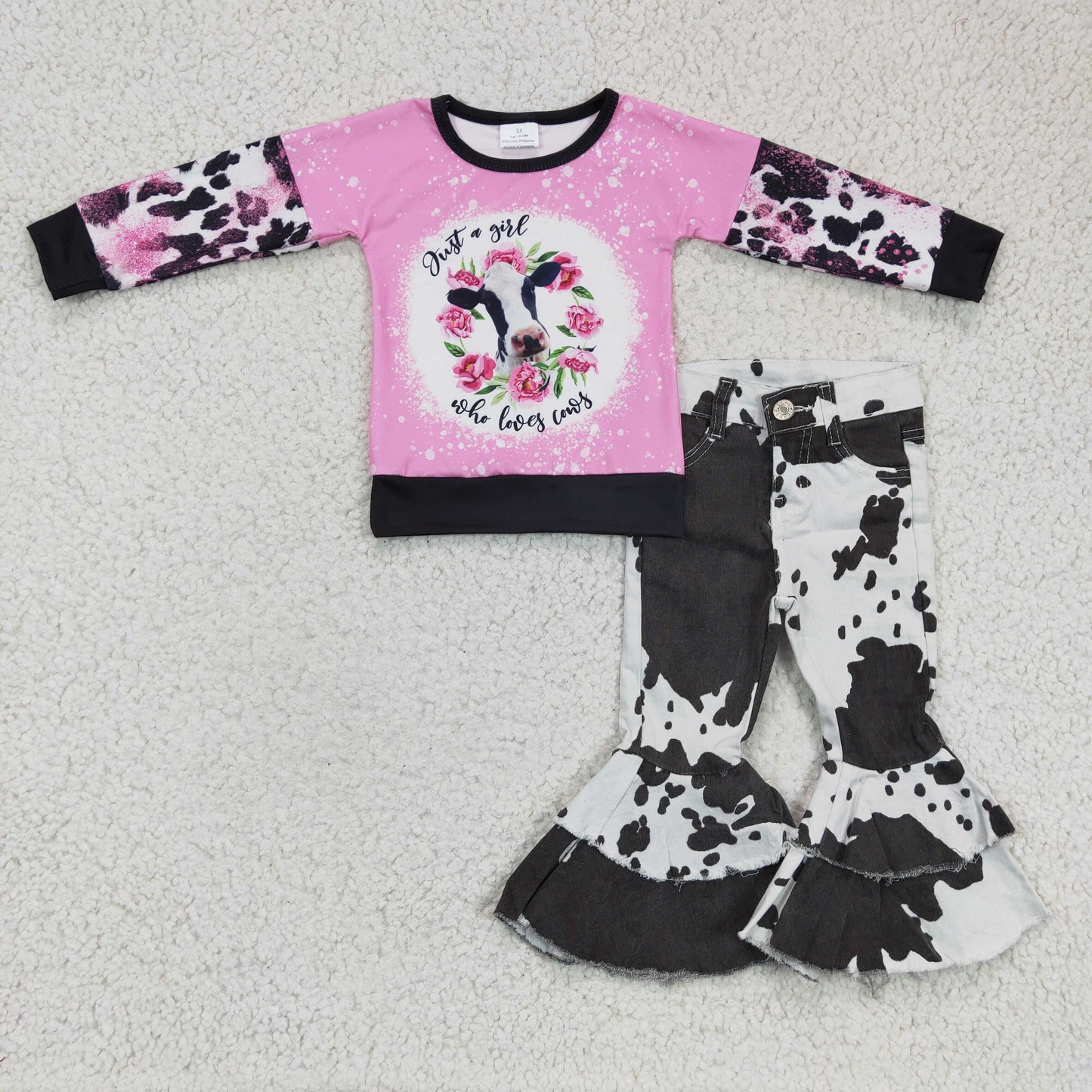 Girls fall COW print denim pants outfits GLP0399