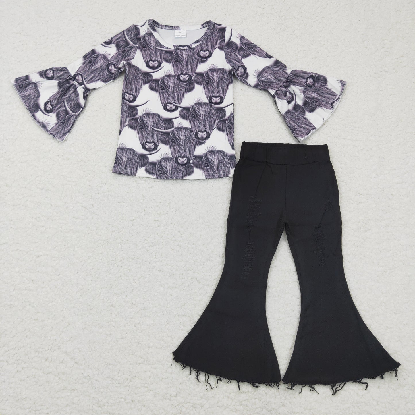 Baby girls Heifer ruffle shirts Black denim pants Clothes sets GLP0401