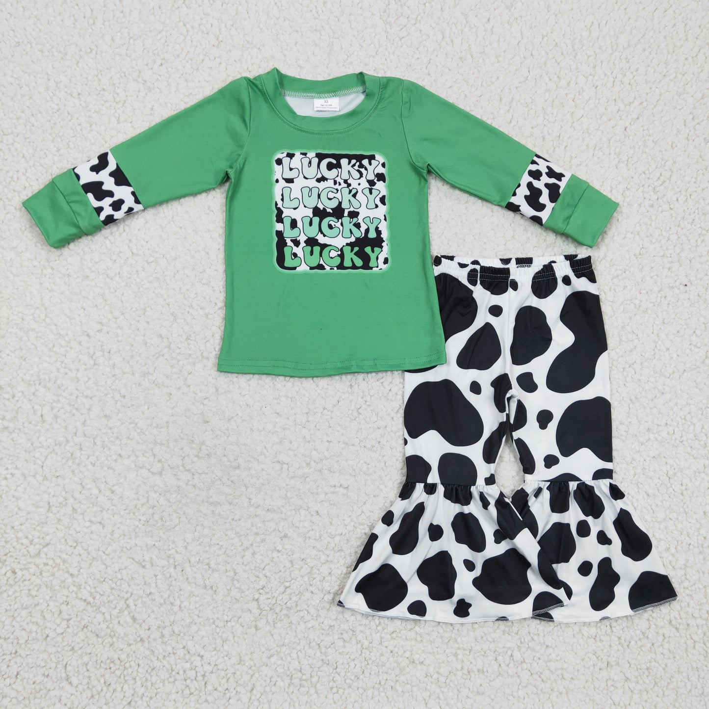 Girls green LUCKY print St. Patrick's Day top cow print bell bottom pants outfits GLP0411
