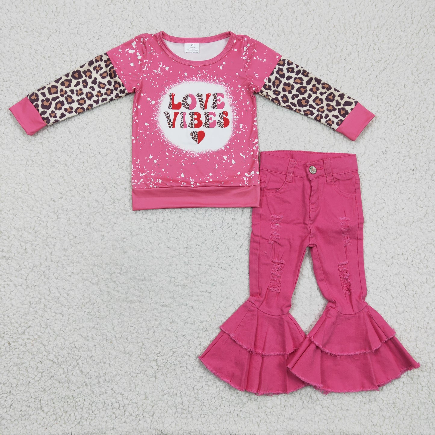 Girls LOVE VIBES leopard print Valentine's Day top pink denim pants outfits GLP0412