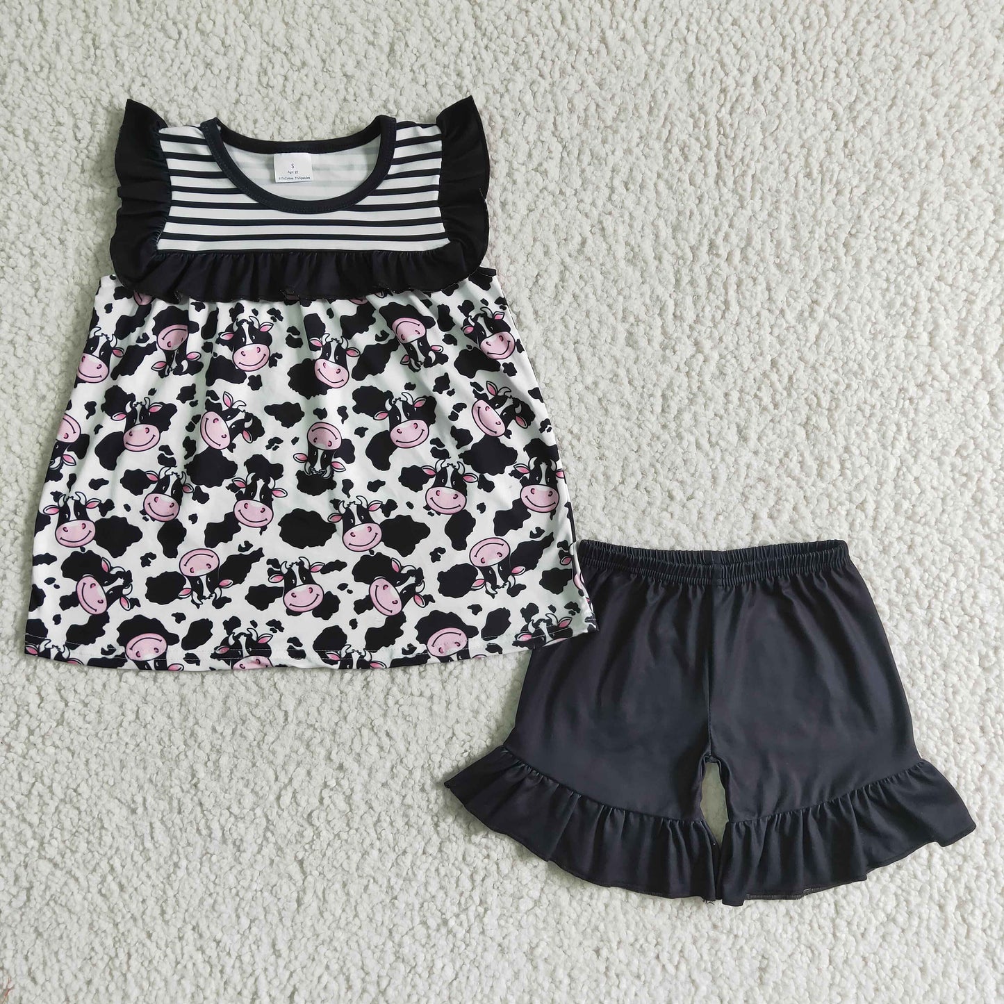 (Promotion)Flutter sleeve ruffles shorts cow print girls summer outfits GSD0045