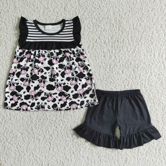 (Promotion)Flutter sleeve ruffles shorts cow print girls summer outfits GSD0045