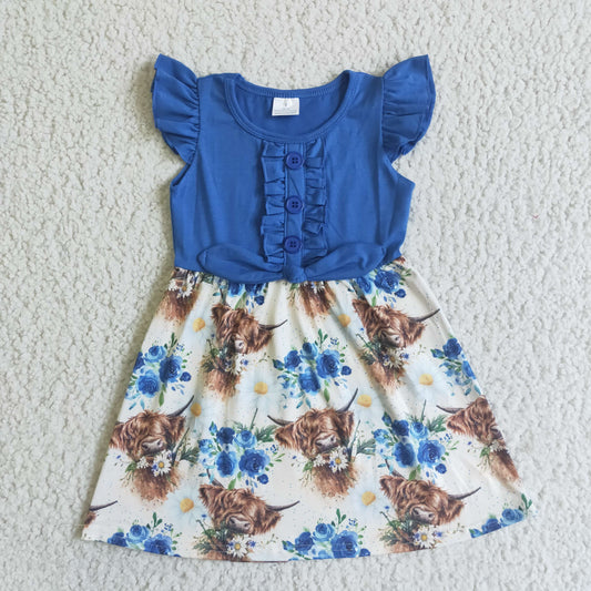 (Promotion)Girls highland cow floral print summer dress   GSD0124