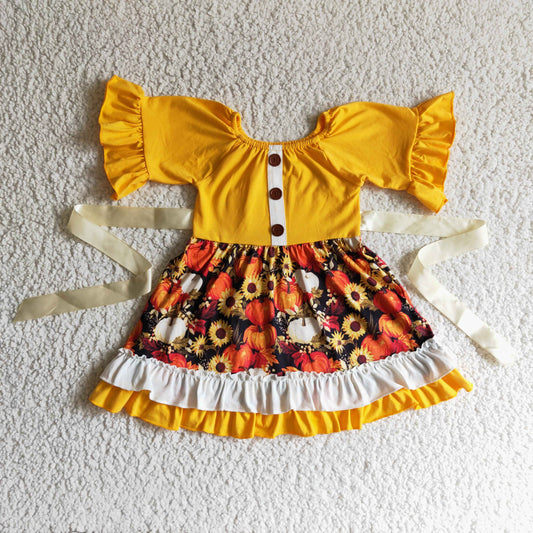 (Promotion)Pumpkin Sunflowers Print Girls Fall Dress   GSD0144