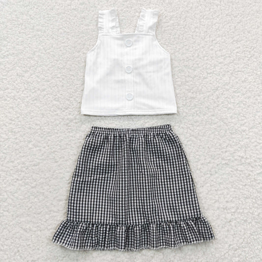 (Promotion)GSD0262 Girls crop white top black plaid skirt summer outfits