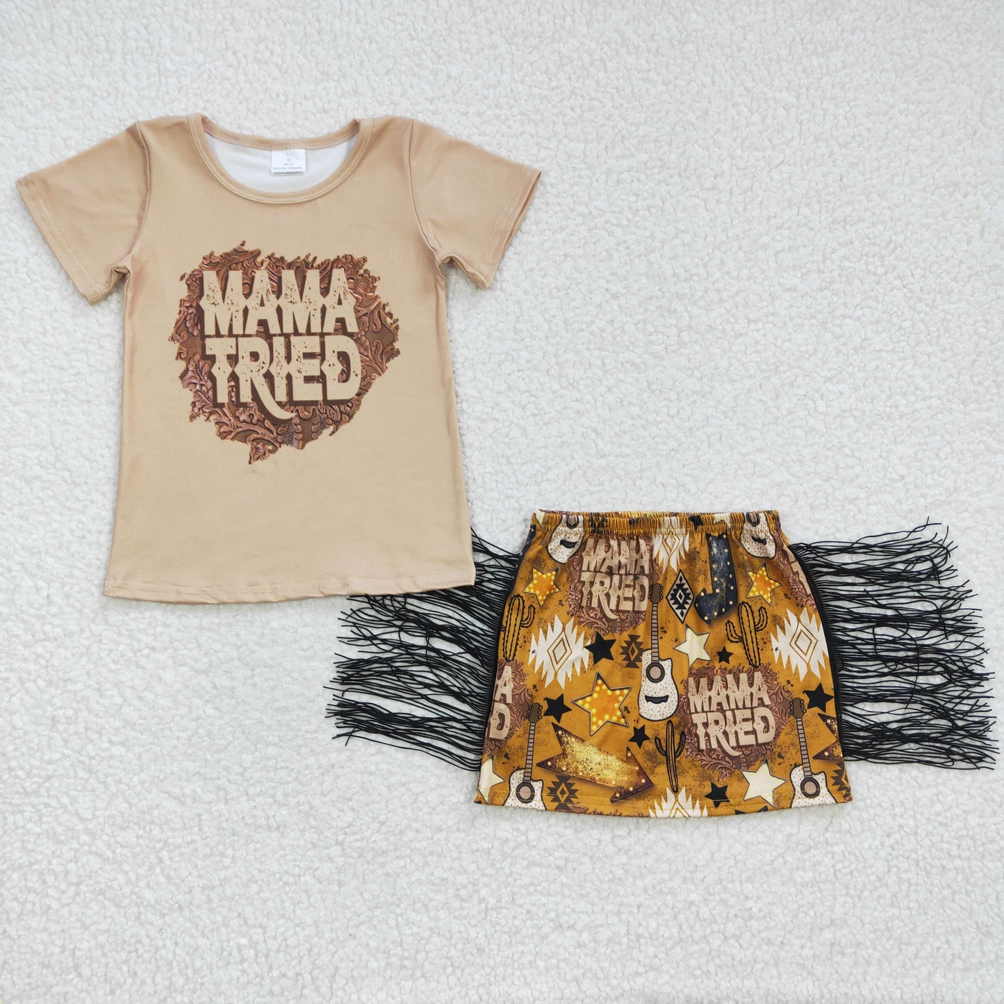 (Promotion)Girls guitar print short sleeve & tassels skirts MAMA TRIED western outfits GSD0286
