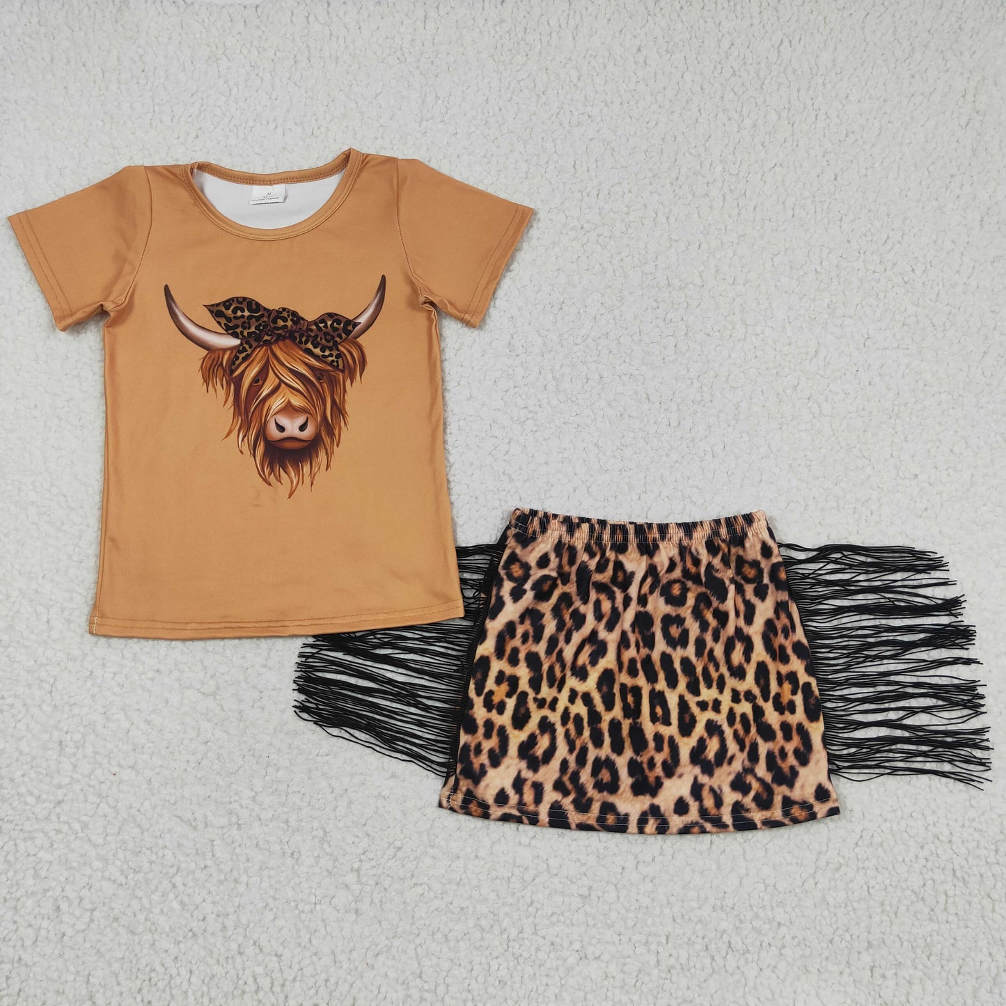 (Promotion)Girls highland cow top & tassels leopard skirts summer western outfits GSD0301