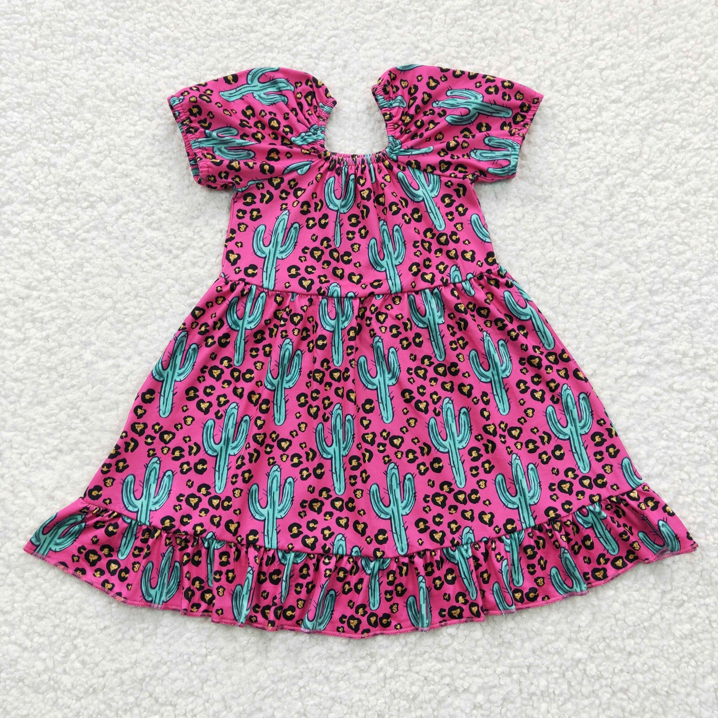 (Promotion)Girls hot pink cactus print summer dress GSD0305
