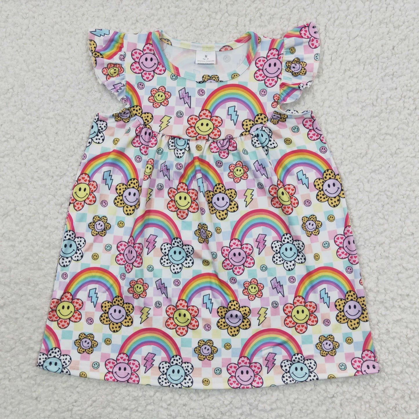 (Promotion)Smiling Face Flowers Rainbow Girls Flutter Sleeves Dress GSD0324