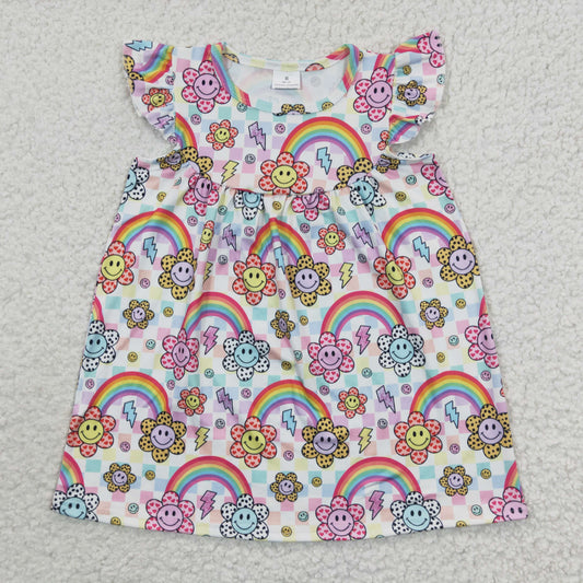 (Promotion)Smiling Face Flowers Rainbow Girls Flutter Sleeves Dress GSD0324