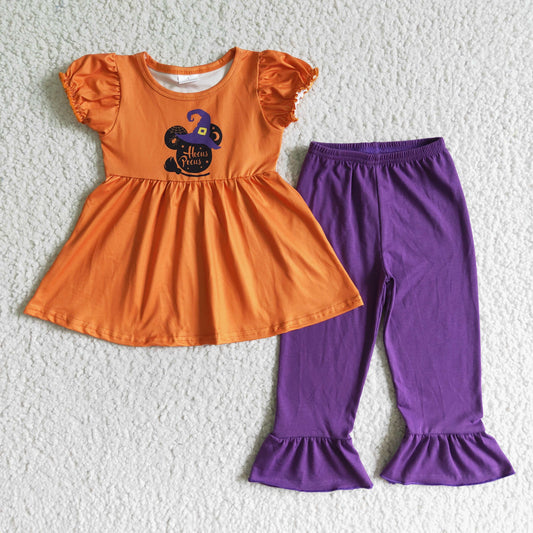(Promotion)Cartoon Mouse Witch Orange Tunic Top Purple Pants Girls Hallowmas Outfits   GSPO0117
