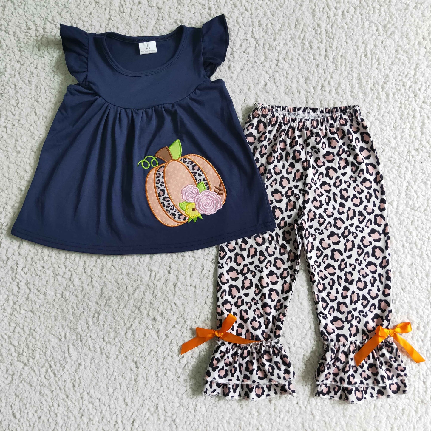 Girls fall leopard print pumpkin embroidery outfits GSPO0133
