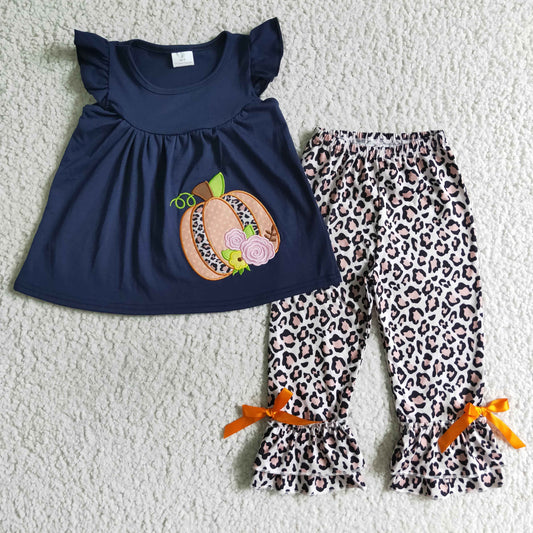 Girls fall leopard print pumpkin embroidery outfits    GSPO0133