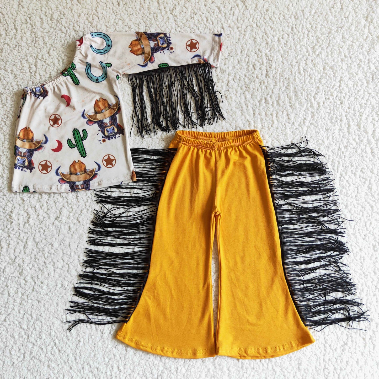 (Promotion)Cow cactus one shoulder tassels girls western outfits GSPO0142