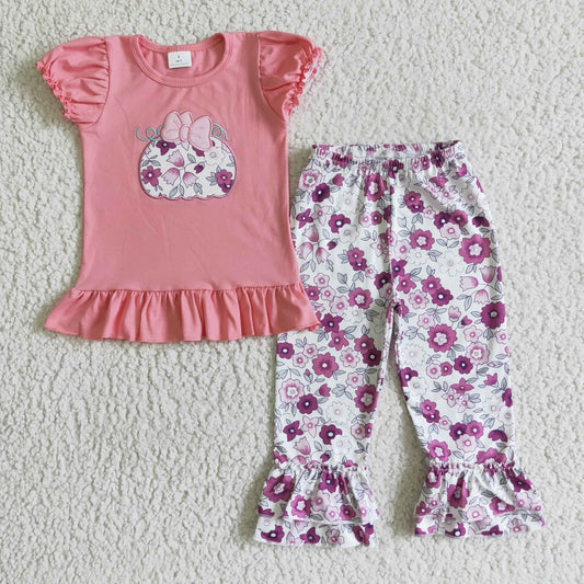 Girls short sleeve floral punpkin outfits    GSPO0191