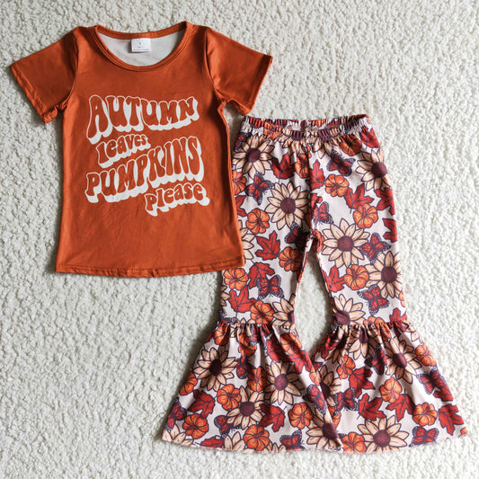 Girls short sleeve bell bottom punpkin outfits    GSPO0193