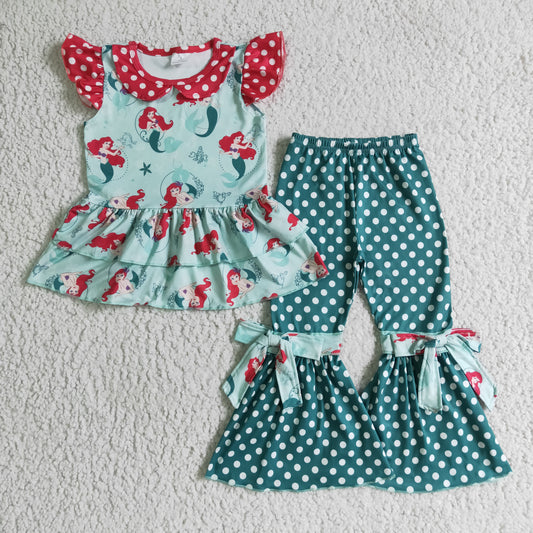 Girls princess ruffle top green polka dots bell pants outfit  GSPO0201