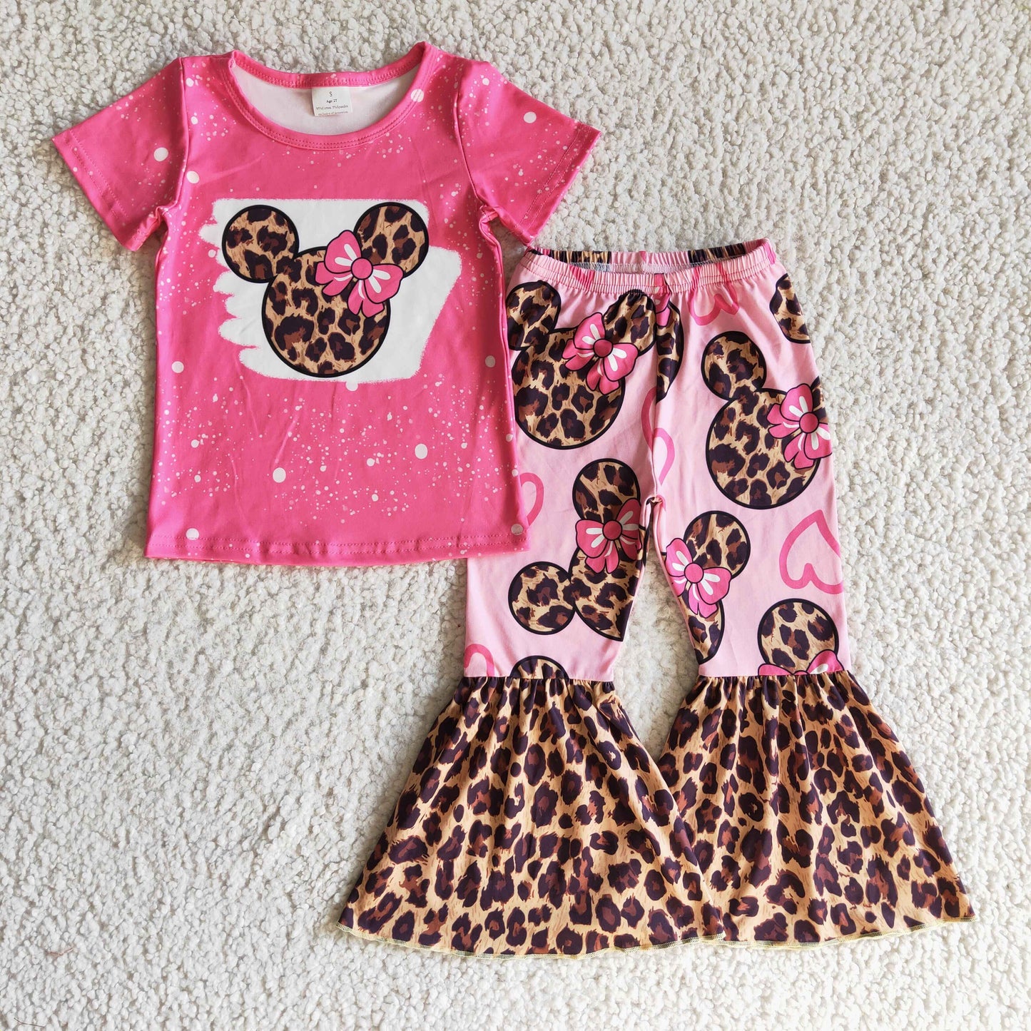 (Promotion)Girls pink leopard cartoon mouse print bell pants outfits GSPO0225