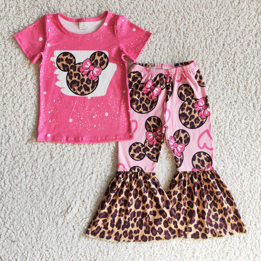 (Promotion)Girls pink leopard cartoon mouse print bell pants outfits   GSPO0225