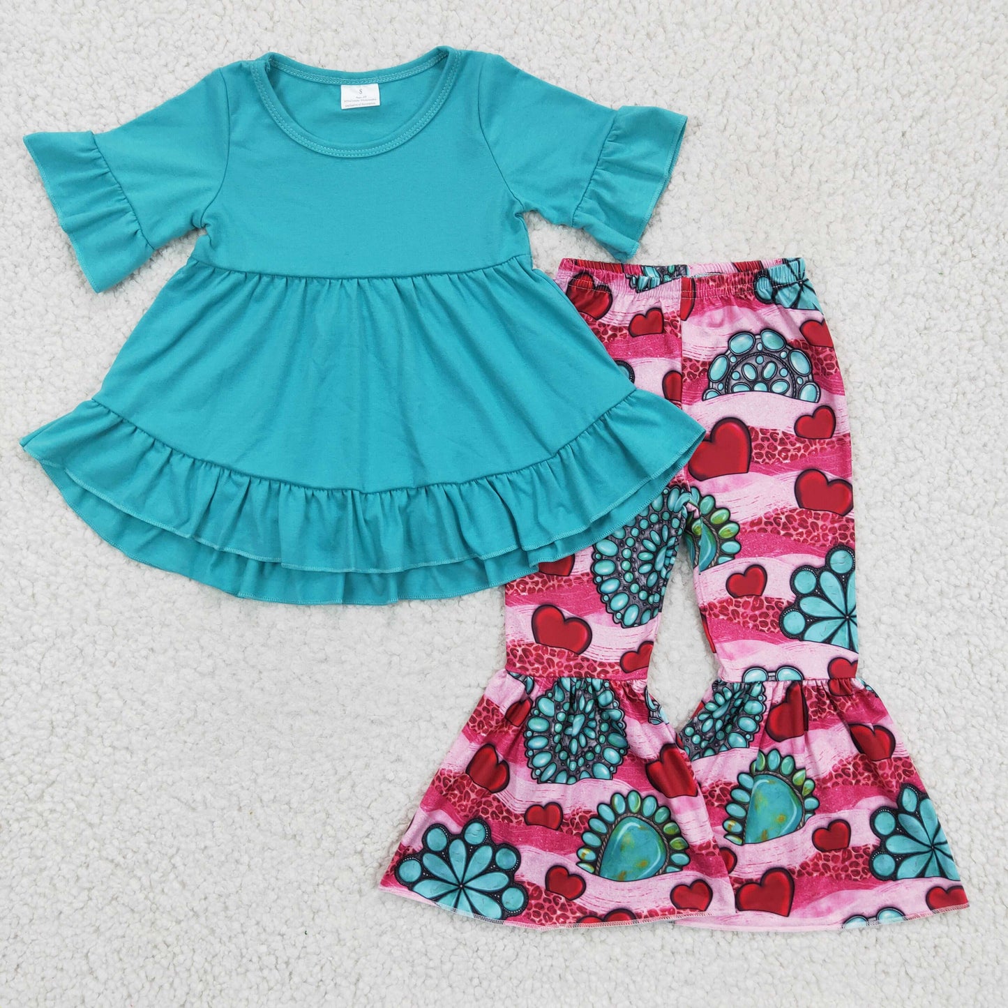 (Promotion) Girls turquoise top heart print outfit   GSPO0237
