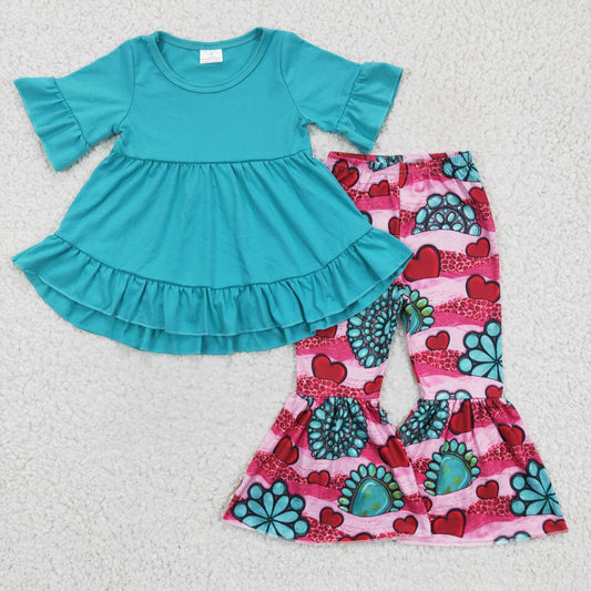 (Promotion) Girls turquoise top heart print outfit   GSPO0237