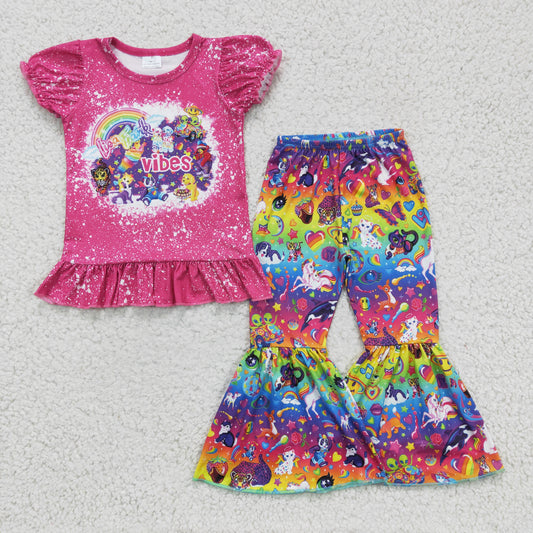 Girls hot pink cartoon vibes print bell bottom pants outfit    GSPO0276