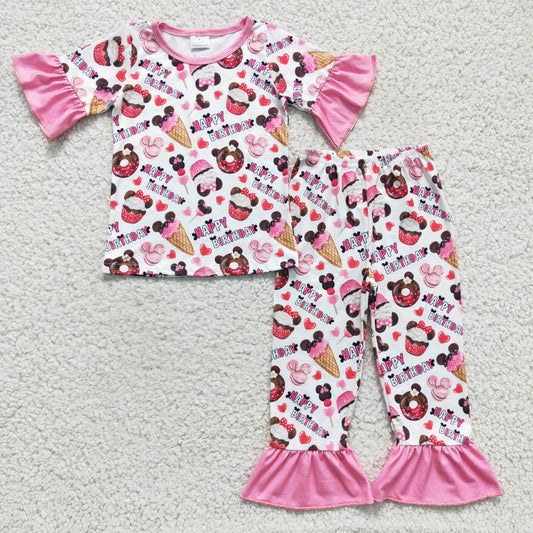 (Promotion)Girls cartoon print Happy Birthday pajama set  GSPO0306