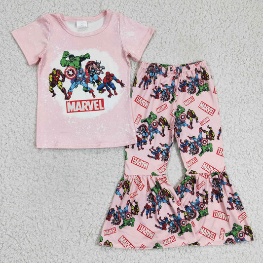 Girls cartoon hero print bell pants outfit    GSPO0308