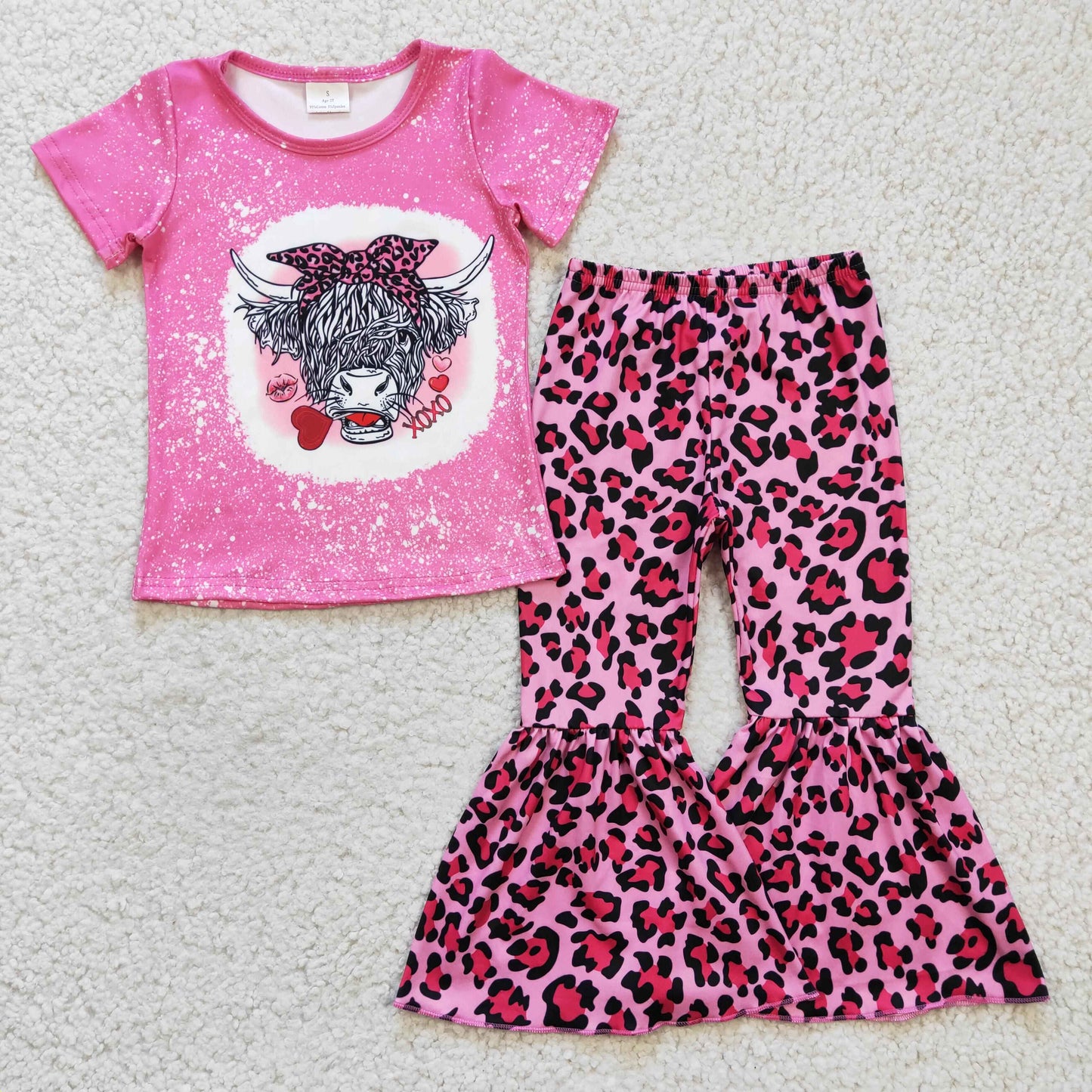 Girls highland cow print pink leopard bell pants Valentine's Day outfit  GSPO0334