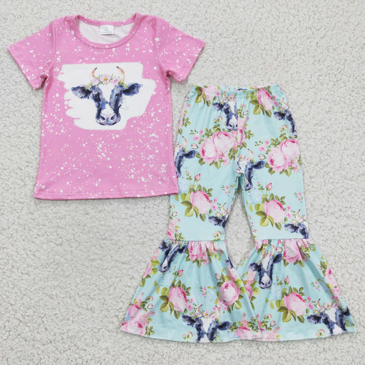 Girls cow flowers print outfits GSPO0395
