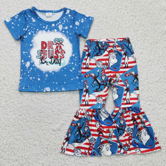 Girls blue cartoon print bleached top outfits GSPO0406