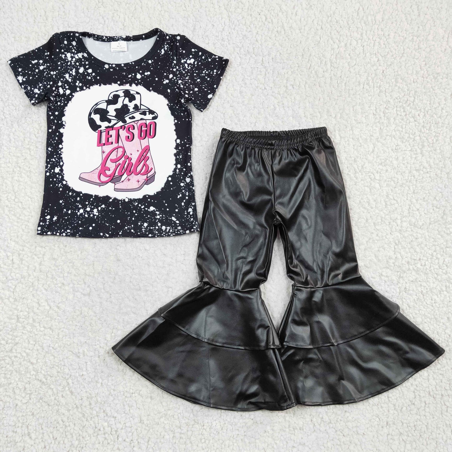 Let's go girls print top black leather bell pants outfits GSPO0498