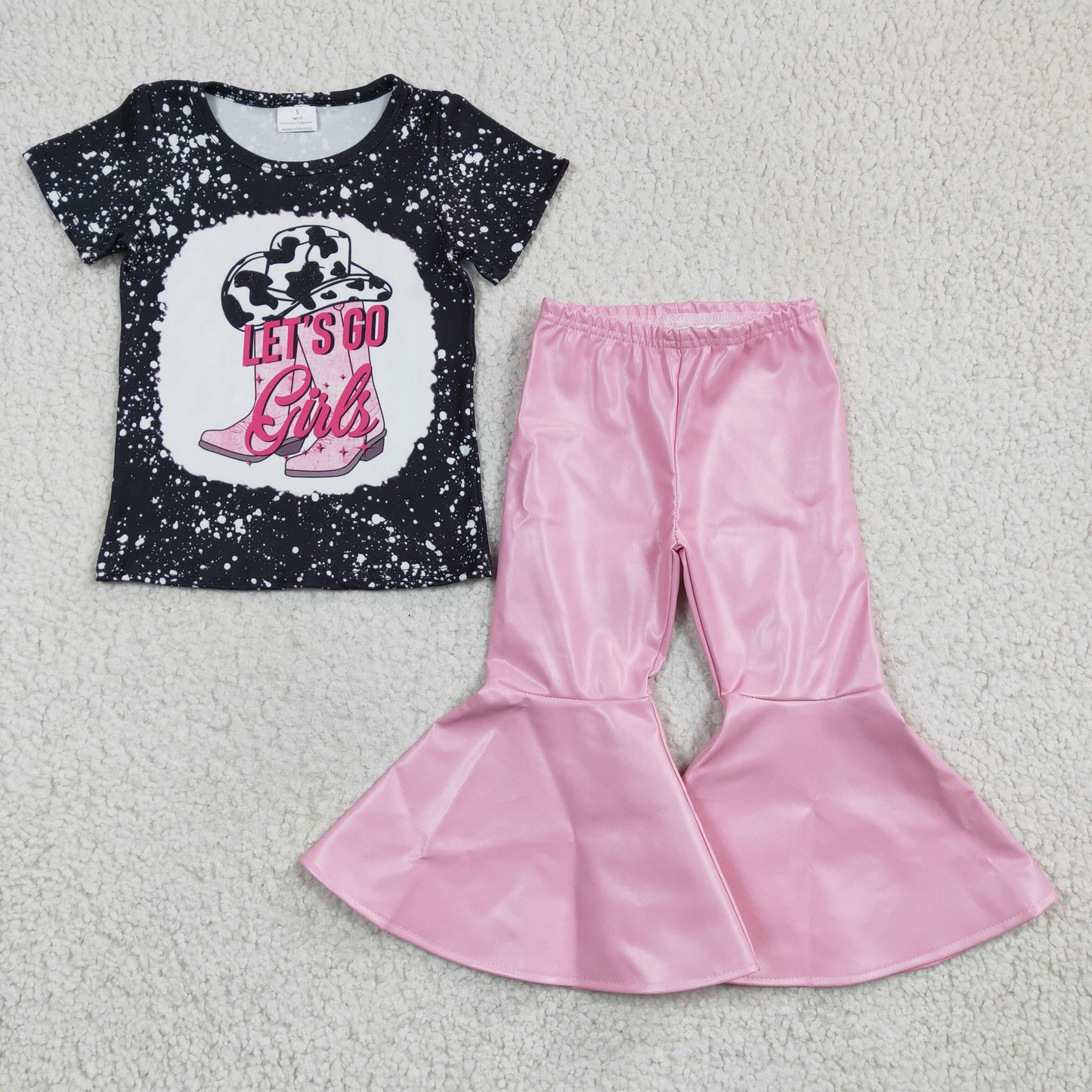 Let's go girls print top pink leather bell pants outfits GSPO0499