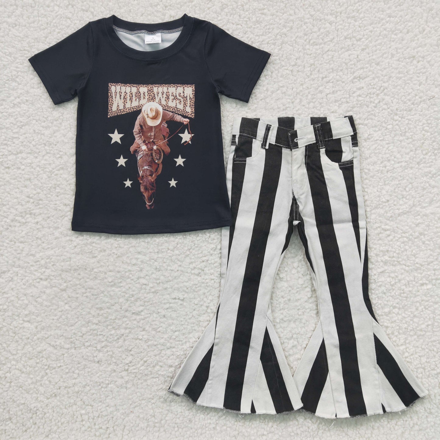 Girls wild west black stripes Denim bell Pants outfits  GSPO0500