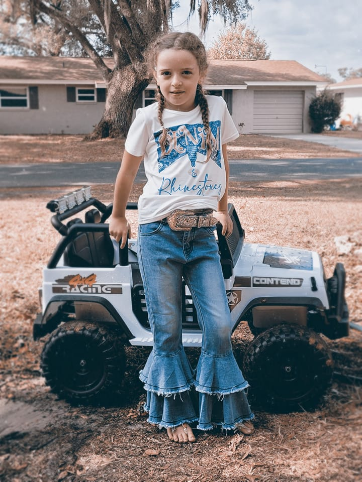 Girls blue cow skull print top Denim bell bottom Pants white belt 3 pcs outfits GSPO0531