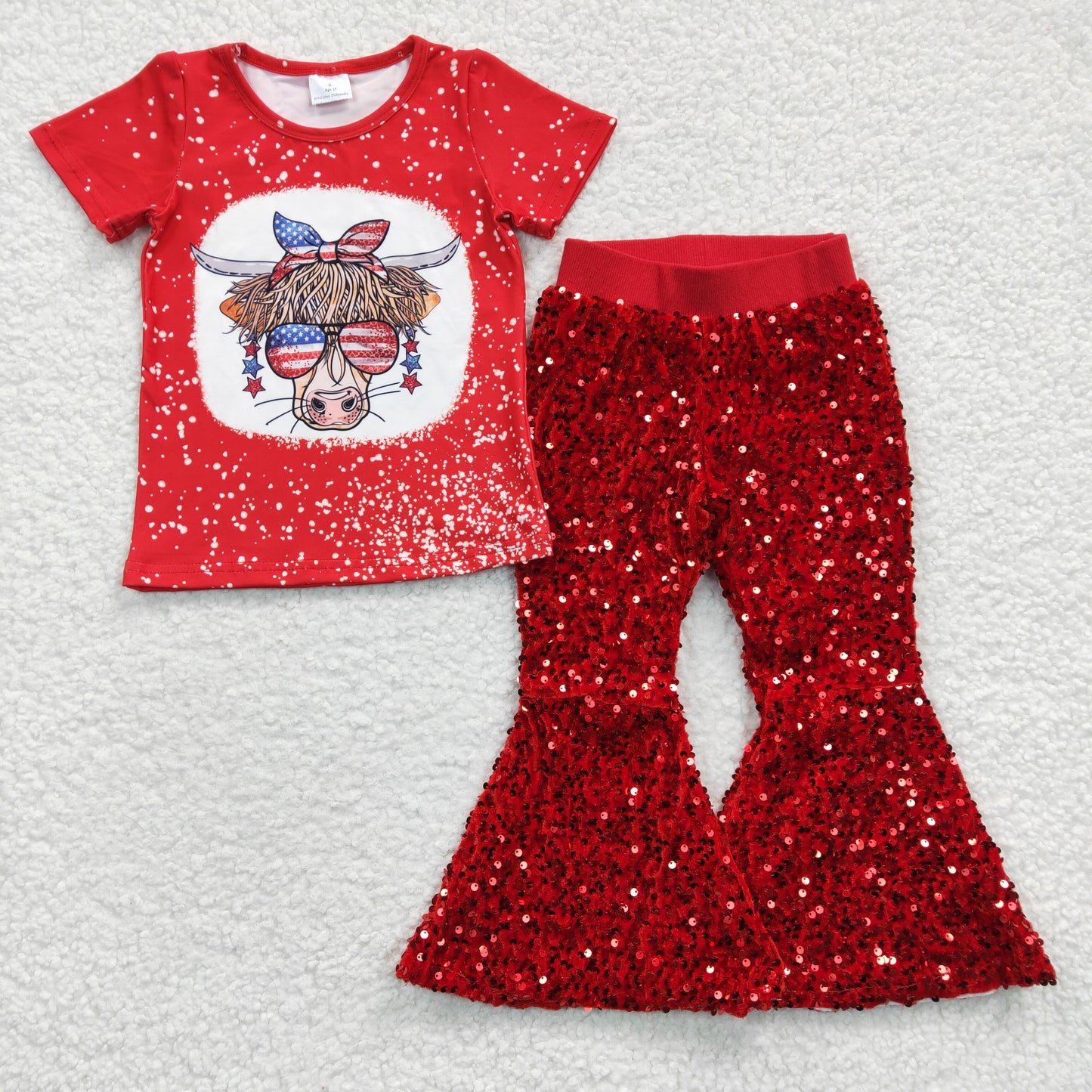 Girls cow print 4th of July top sequins bell pants outfits GSPO0540