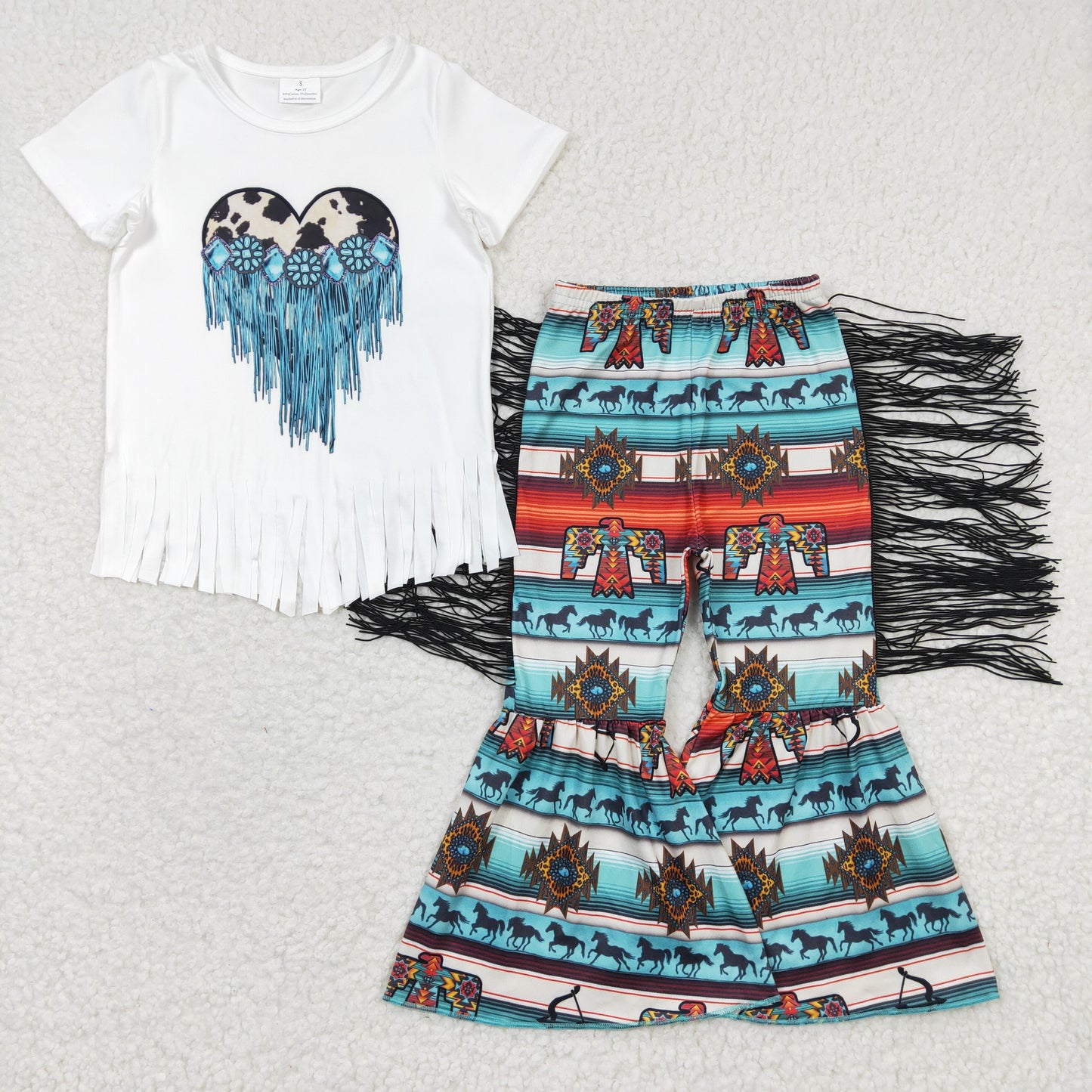 Girls turquoise print tassels top bell bottom pants western outfit GSPO0550