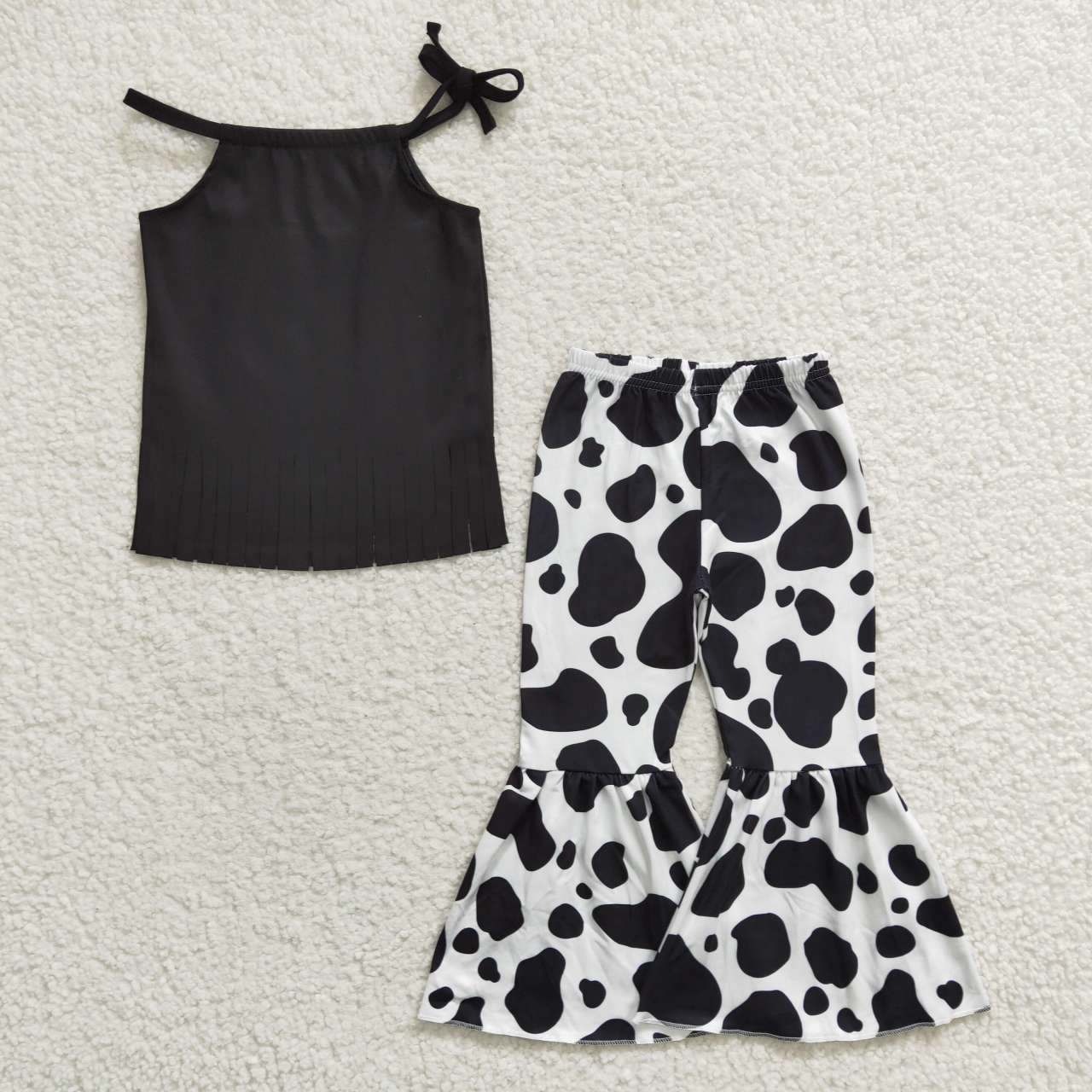 Girls black cotton tassel top bell bottom pants outfit GSPO0566