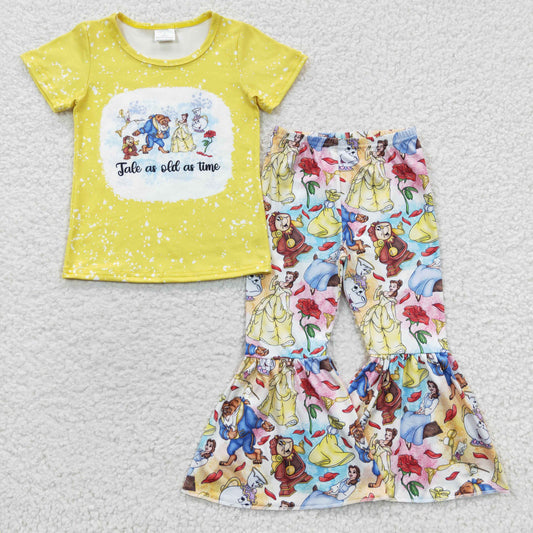 GSPO0621 Girls yellow cartoon princess top bell bottom pants