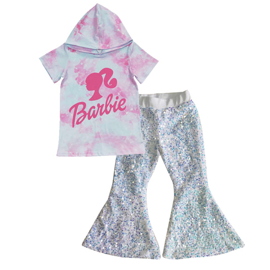 Girls BA pink tie-dye short sleeve hoodie top sparking bell bottom pants outfits GSPO0626