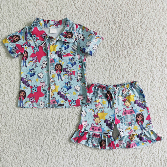 (Promotion)GIrls' Summer cute cat print pajamas clothes set  GSSO0014