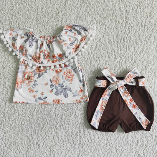(Promotion)Girls pompom ruffle top and shorts outfits GSSO0030