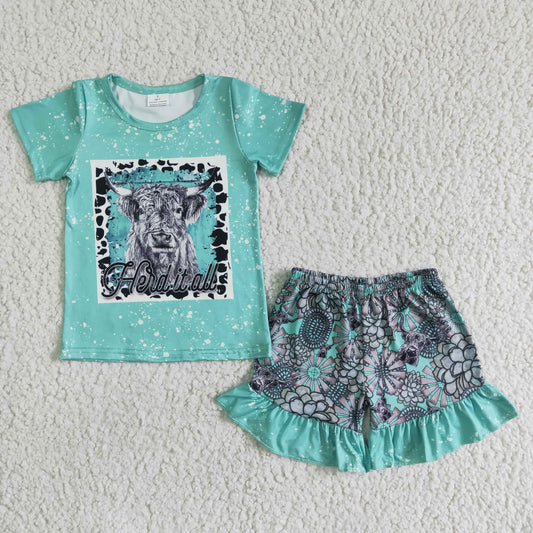 (Promotion)Highland cow top ruffles shorts girls summer outfits GSSO0066