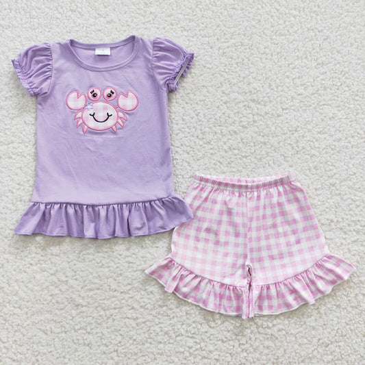 (Promotion)Girls purple crab print embroidery summer outfit    GSSO0135