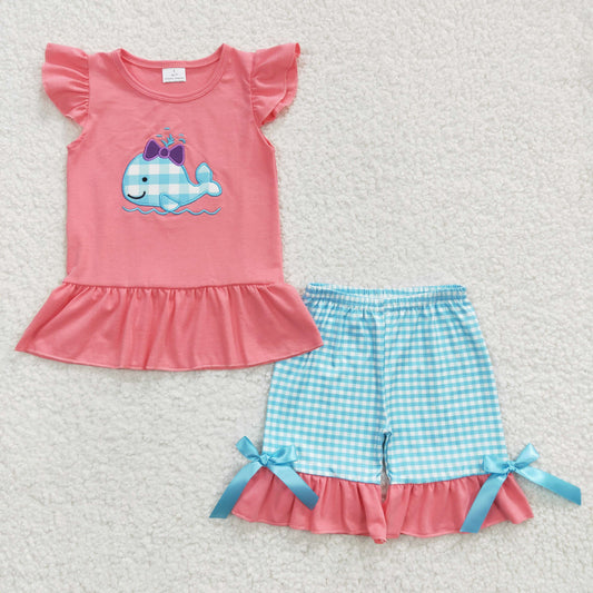 (Promotion) Girls coral cotton whale embroidery summer outfits GSSO0150
