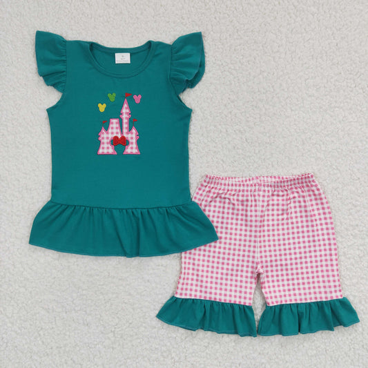 (Promotion)Girls green cotton cartoon castle print embroidery top summer outfits GSSO0151